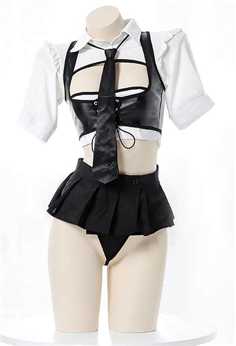 Sexy Lingerie Set Uniform Style Cutout Top And Mini Skirt Set With Tie Top Quality Lingerie