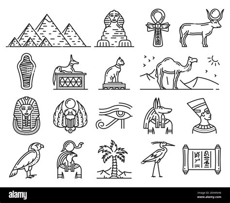 Egypt thin line icons of ancient gods and religion symbols. Sphinx ...