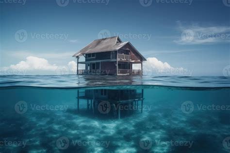 A House On The Ground Of The Ocean Under Water Created With Technology