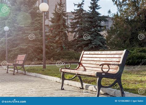 A Bench In The City Park Under The Rays Of The Sun Stock Photo Image