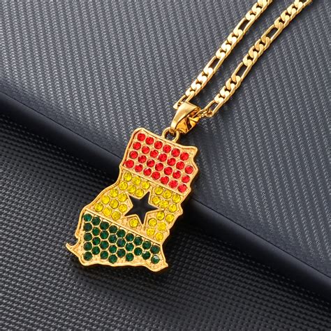 Anniyo Ghana Map Flag With Stone Pendant Necklace Gold Color Jewelry