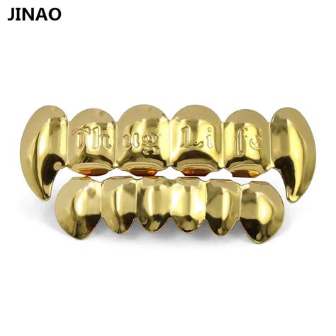 Jinao Gold Color Plated Hip Hop Teeth Grillz Caps Thug Life Words Cut