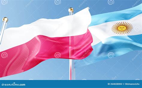 Banderas Polonia Y Argentina Ondeando En El Viento Contra Un Cielo Azul