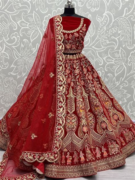 Buy Scarlet Red Zari Embroidery Velvet Bridal Lehenga Choli From Ethnic