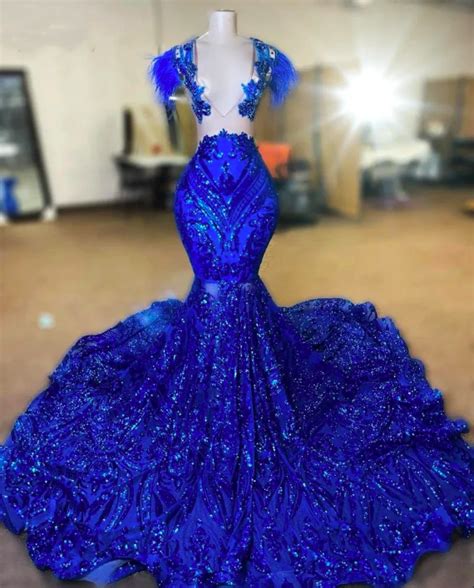 Sparkly Royal Blue Prom Dress 2023 For Women Glam Sequin Black Girls Birthday Party Dresses