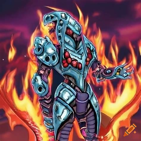 Salamander In Futuristic Armor Surrounded By Fiery Flames In Yu Gi Oh