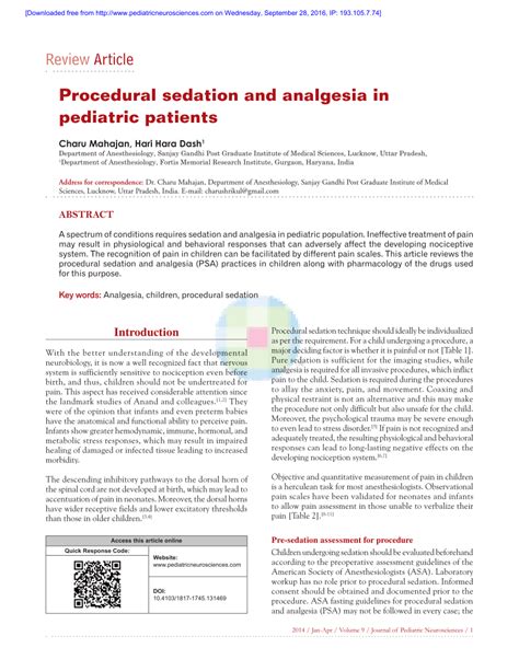 Pdf Procedural Sedation And Analgesia In Pediatric Patients