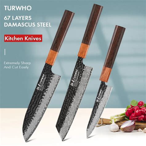 TURWHO 3PCS Kitchen Knives Set Japanese Hand Forged Damascus Steel Chef