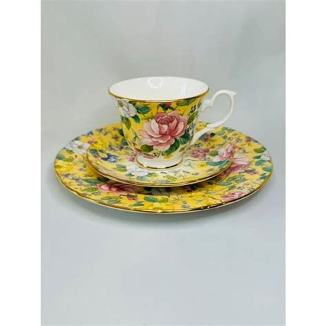 Duchess Chelsea Garden Vintage Yellow Tea Cup Saucer And Dessert