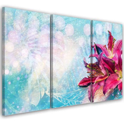 Quadro Su Tela Paneli Fiori Rosa Su Uno Sfondo Blu X