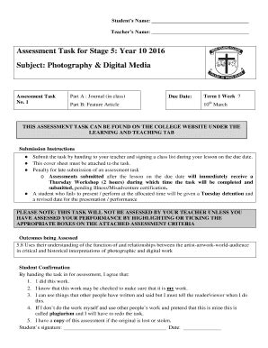 Fillable Online Assessment Task For Stage Year Subject