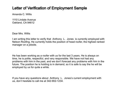 Free Printable Letter Of Employment Verification Form Sample Blank