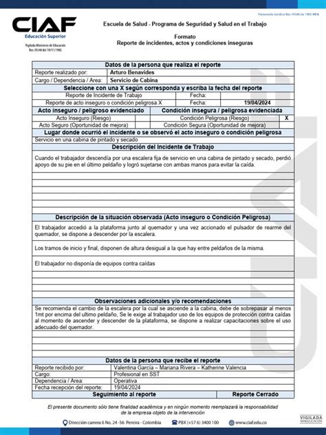 Formato Reporte De Incidentes Actos Y Condiciones Inseguras Pdf