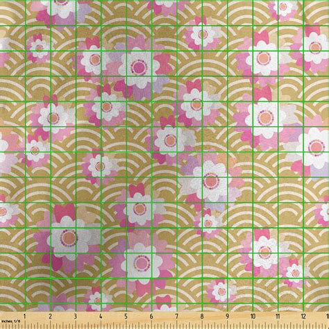 Ambesonne Japanese Fabric By The Yard Spring Sakura Flowers Blossoms