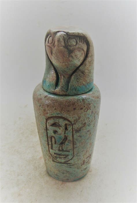 CIRCA 664 332BC ANCIENT EGYPTIAN GLAZED FAIENCE CANOPIC JAR HORUS AND