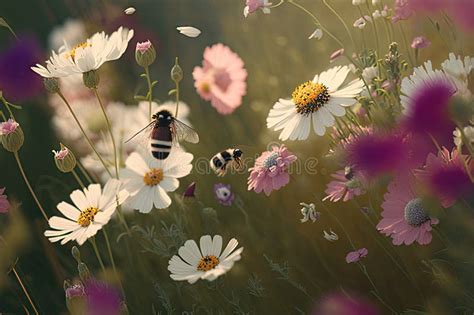 Close Up Of Meadow Flowers In Full Bloom With Bees And Other Insects