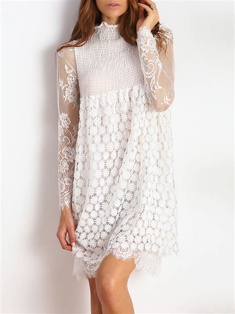 White Frill Neck Sheer Mesh Lace Dress Shein Sheinside