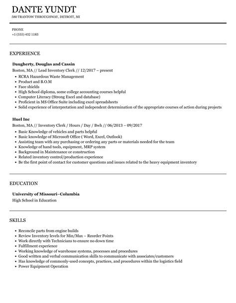 Inventory Clerk Resume Samples Velvet Jobs