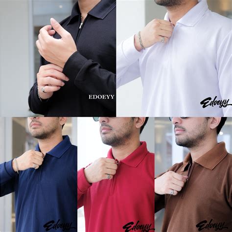 Jual Kaos Polo Shirt Pria Zipper Lengan Panjang Baju Kerah Berkerah