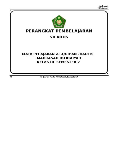 RPP DAN SILABUS AL QURAN HADITS MI KELAS 1 2 3 4 5 DAN 6 KTSP