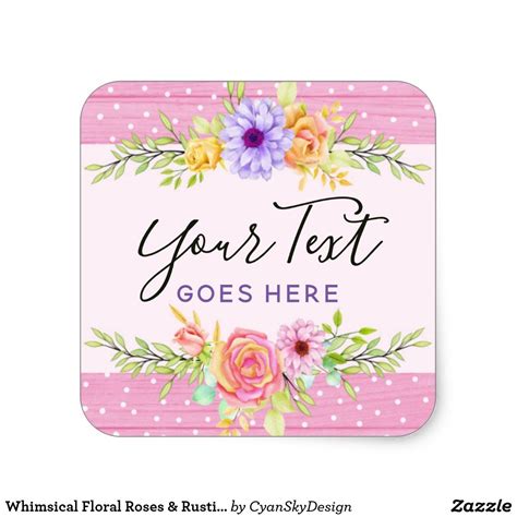 Whimsical Floral Roses And Rustic Pink Wood Girly Square Sticker Zazzle