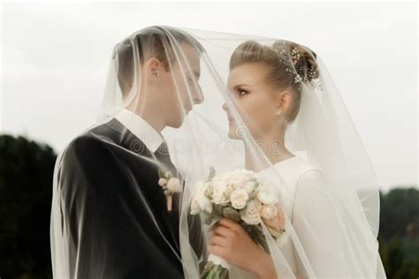 Bride And Groom Hugging With Tender Under Veil Luxury Elegant Wedding