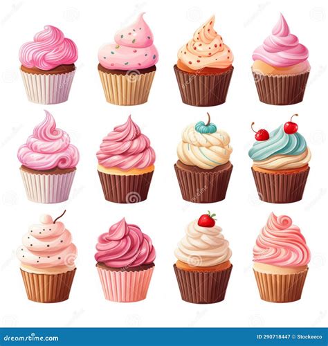 Conjunto De Ilustraciones Vectoriales De Cupcakes Coloridos Stock De