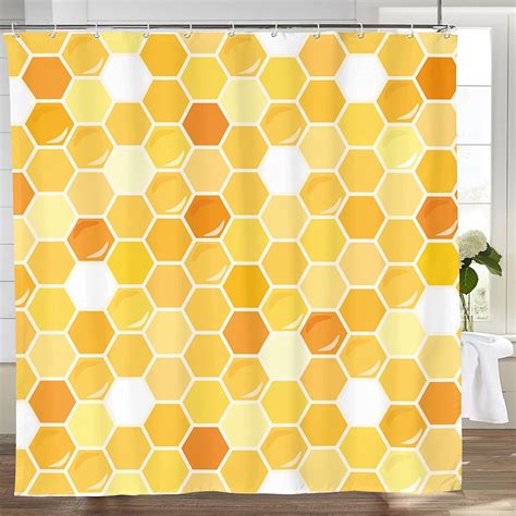 Fjpt Yellow And White Hexagonal Shower Curtains Honeycomb