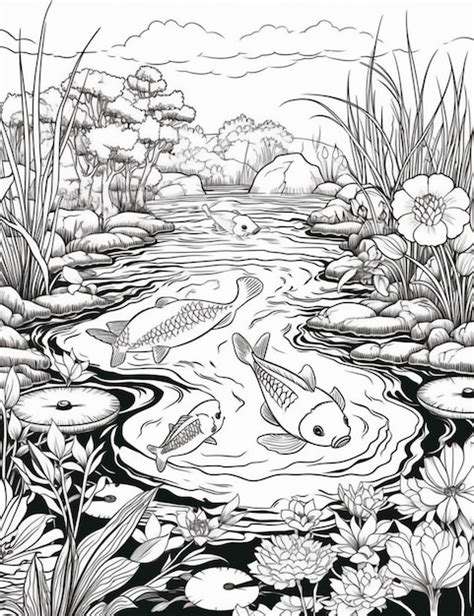 Premium AI Image | A black and white drawing of a pond with a koi fish ...