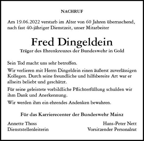 Traueranzeigen Von Fred Dingeldein Vrm Trauer De