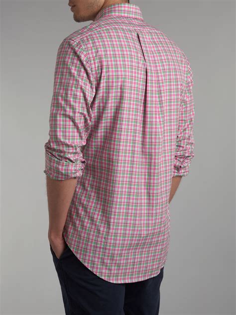 Polo Ralph Lauren Long Sleeved Custom Fitted Bright Plaid Shirt In Pink