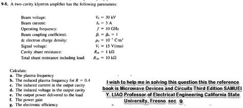 9 8 A Two Cavity Klystron Amplifier Has The Following Parameters Beam