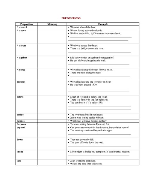 Preposition 2 Lk L Mm PREPOSITIONS Preposition Meaning Example