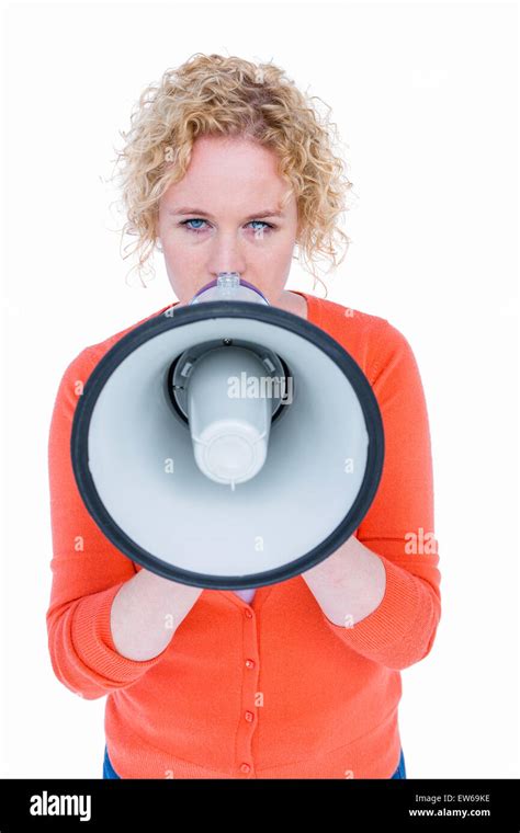 Pretty Blonde Speaking Into Megaphone Stock Photo Alamy
