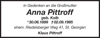 Traueranzeigen Von Anna Pittroff Nordbayerischer Kurier