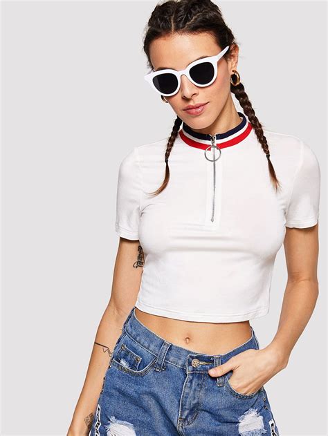 Striped Collar Zip Placket Crop Tee Shein Sheinside Crop Tee