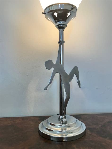 Art Deco English Chrome Figural Lady Lamp With A Flame Shade Artedeco