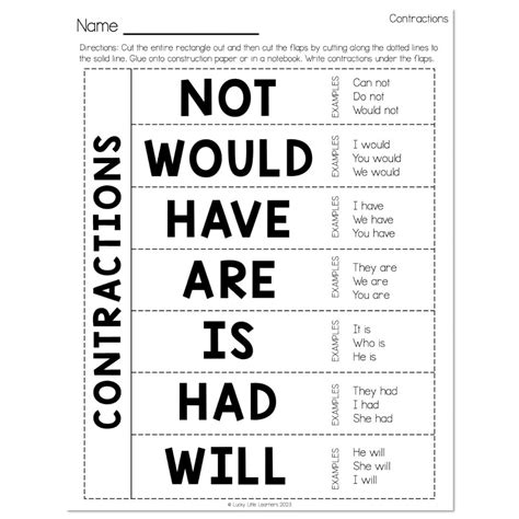 Grammar Interactive Notebook Contractions Lucky Little Learners