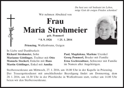 Traueranzeigen Von Maria Strohmeier Mittelbayerische Trauer