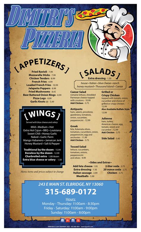 Dimitris Pizza Fasprint Menus