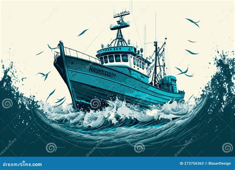 Fishing Boat Vector Art Illustration Of Boat On Water Ship Floating