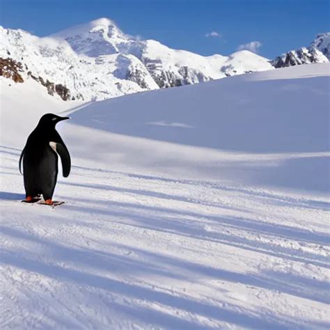 Penguin On Skis Skiing On Snow Snowy Mountain Stable Diffusion