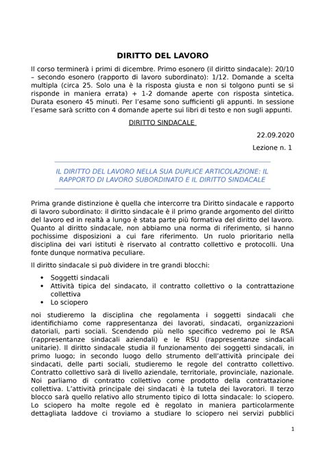 Diritto DEL Lavoro Appunti Presi Durante Le Lezioni DIRITTO DEL