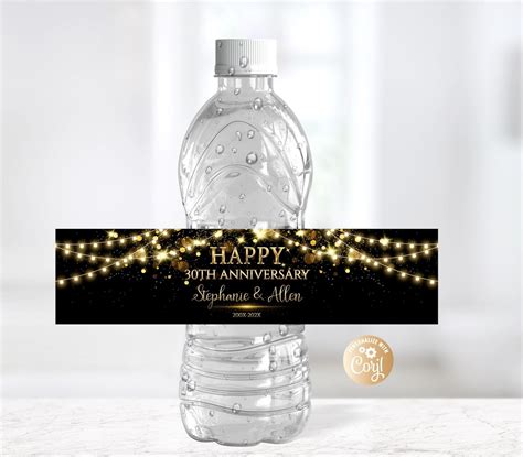 Editable 30th Wedding Anniversary Water Bottle Labels Gold Glitter Black Any Age Wedding