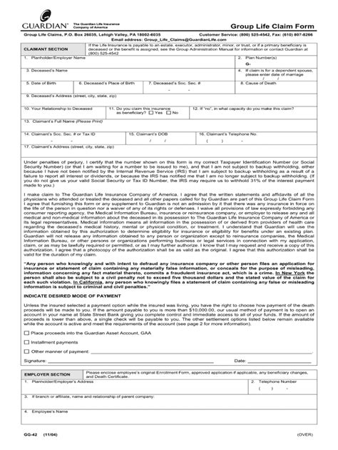 Guardian Group Life Claim Form Gg42 Fill Out And Sign Printable Pdf