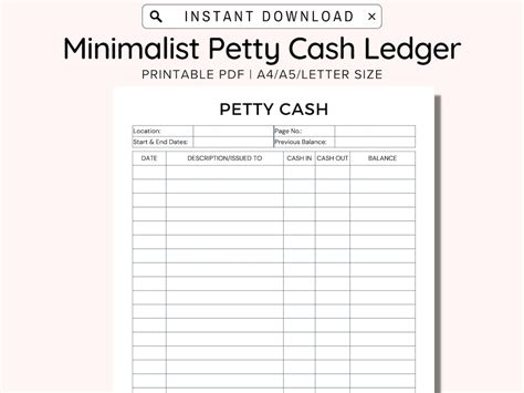 Petty Cash Ledger Printable Petty Cash Log Printable Petty Cash