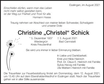 Traueranzeigen Von Christine Schick Zeit Des Gedenkens De