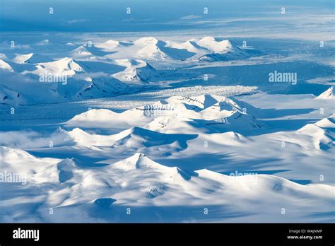 Norway Svalbard Spitsbergen Aerial View Of Glaciated Mountains Stock