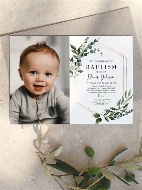 Baptism Invitation Template Editable Gold Greenery Eucalyptus Baptism