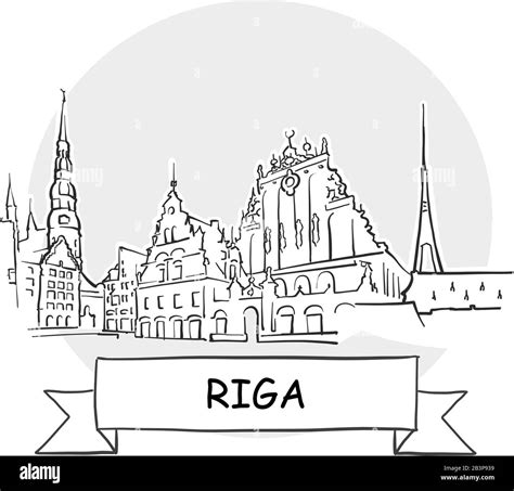 Riga Cityscape Vector Sign Line Art Illustration With Ribbon And Title Stock Vector Image And Art